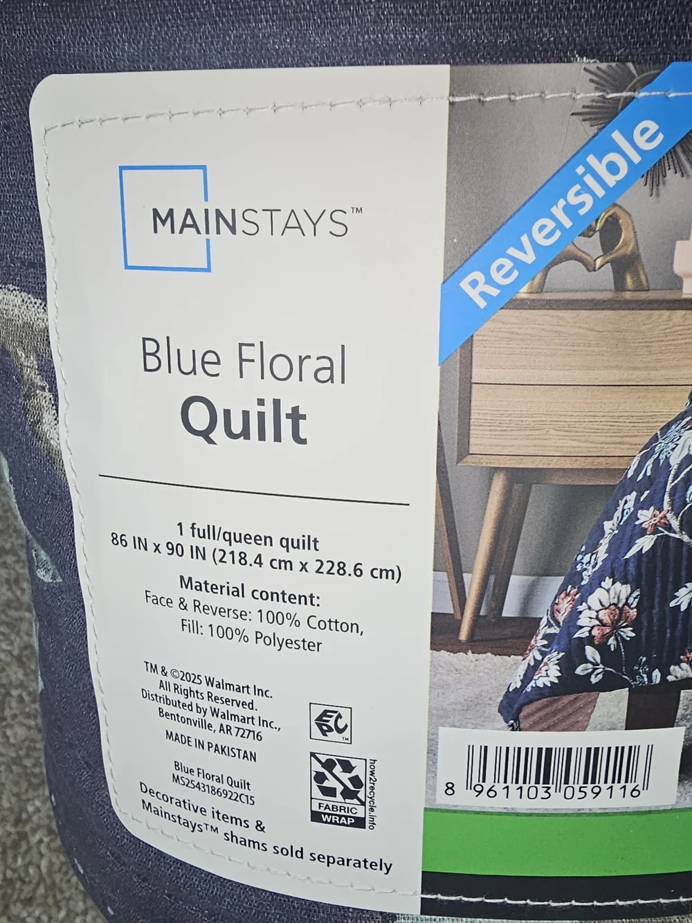 Mainstays Reversible Navy Floral and Blush Quilt
